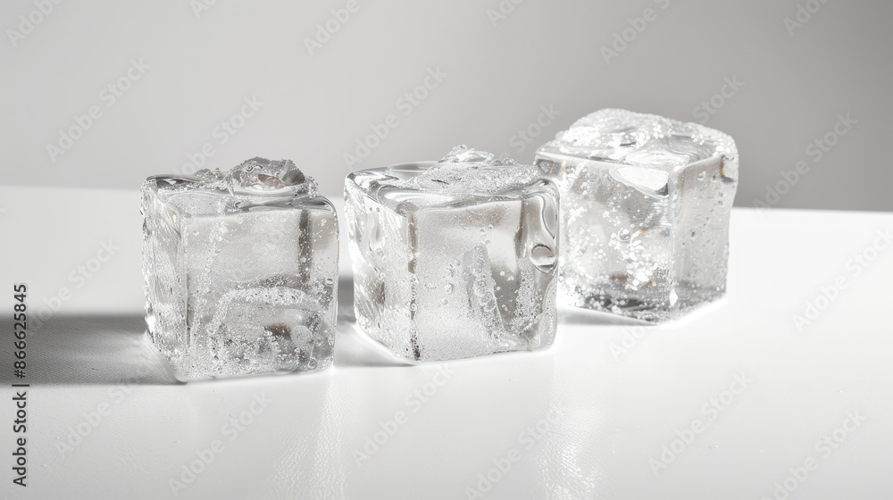 Transparent ice cubes arranged in a trio, isolated on a white backdrop, perfect for summer drink visuals Transparent ice cubes arranged in a trio, isolated on a white backdrop, perfect for summer drink visuals