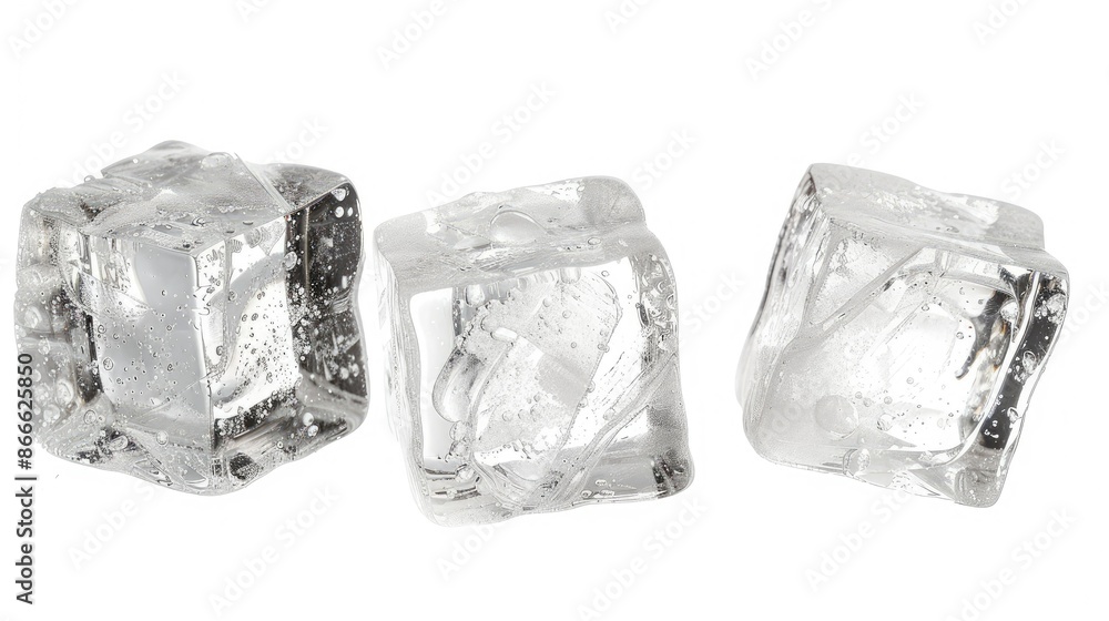 Transparent ice cubes arranged in a trio, isolated on white, perfect for illustrating cool and refreshing drinks Transparent ice cubes arranged in a trio, isolated on white, perfect for illustrating cool and refreshing drinks