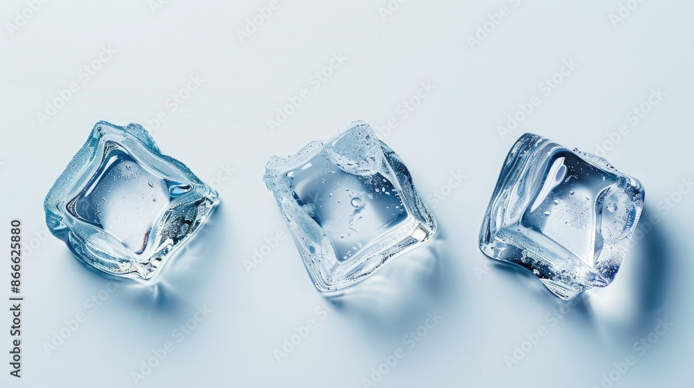 Obraz premium Transparent ice cubes arranged in a trio on a white background, emphasizing their clarity and cooling properties