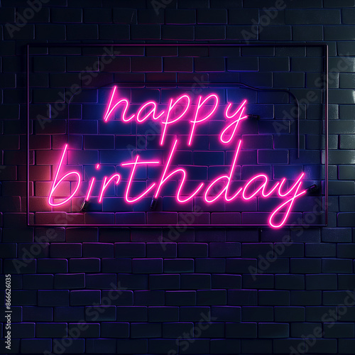 Neon lighted Happy Birthday pink text on the brick wall, greeting background