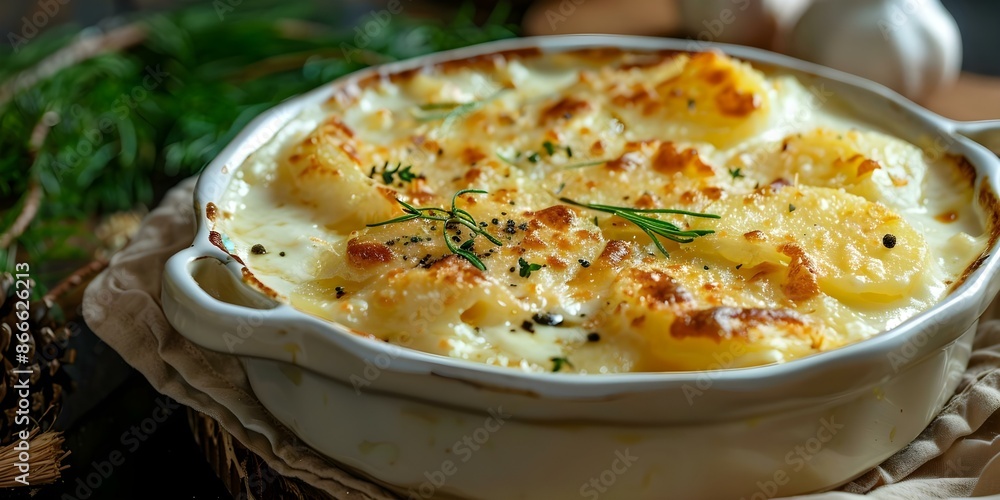 Authentic Au Gratin Dauphinois Potatoes A Closeup of Butter Cream Baked Delight. Concept Food Photography, Baked Potatoes, Creamy Delight, Close-up Shots, Buttercream Flavor Authentic Au Gratin Dauphinois Potatoes A Closeup of Butter Cream Baked Delight. Concept Food Photography, Baked Potatoes, Creamy Delight, Close-up Shots, Buttercream Flavor