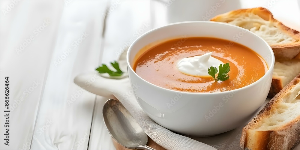 Velvety Tomato Soup with Parsley Sour Cream and Toasted Bread. Concept Tomato Soup, Velvety Texture, Parsley Sour Cream, Toasted Bread, Comfort Food Velvety Tomato Soup with Parsley Sour Cream and Toasted Bread. Concept Tomato Soup, Velvety Texture, Parsley Sour Cream, Toasted Bread, Comfort Food