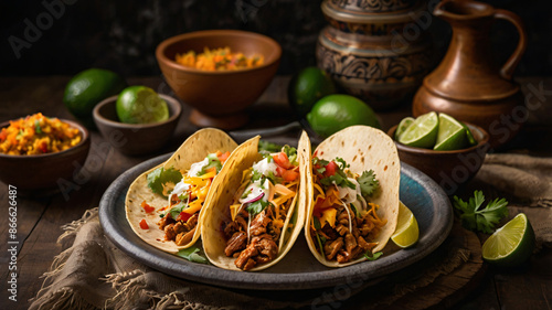 traditional Mexican food on a wooden table closeup