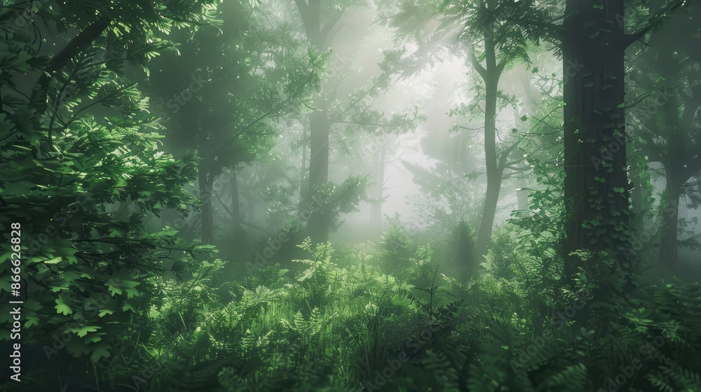 Naklejka premium Ethereal forest ambiance: Dense foliage cloaked in fog, creating a mystical atmosphere in the serene green forest