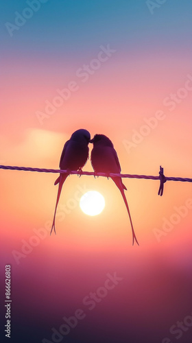 Two birds sitting on a wire with orange sky at sunset in the background, Birds in love and romance photo