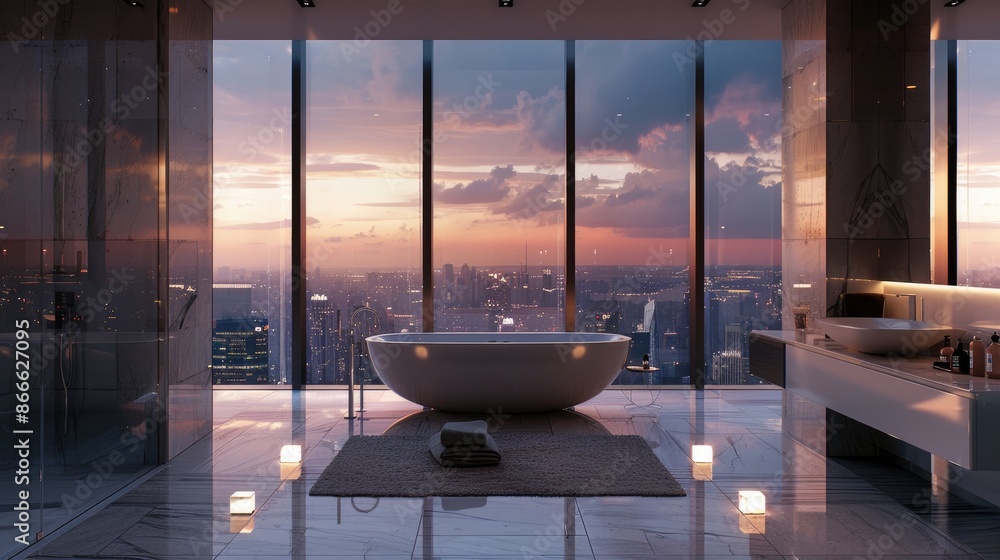 Experience the epitome of modern elegance with a 3D visualization of a bathroom featuring a panoramic window, blending style and comfort Experience the epitome of modern elegance with a 3D visualization of a bathroom featuring a panoramic window, blending style and comfort