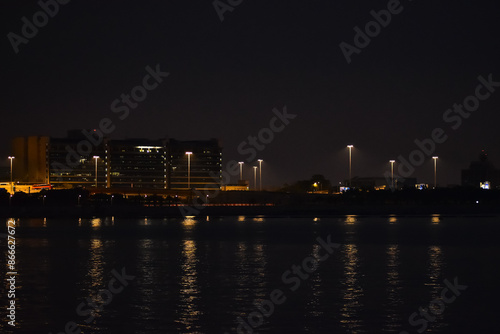 The view of Tung Chung Promenade, Hong Kong, at night. Night cityscape.