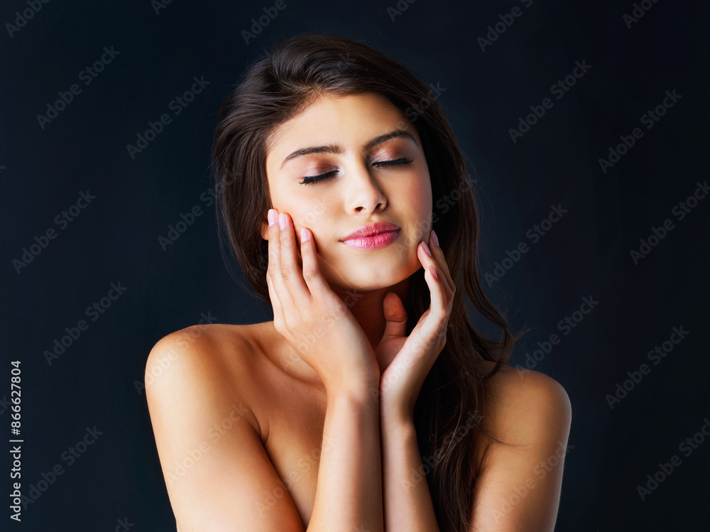 Studio, beauty and woman with touch, natural skincare and glow or treatment on black background. Cosmetics, omega 3 and model with dermatology, collagen and self care satisfaction or confidence Studio, beauty and woman with touch, natural skincare and glow or treatment on black background. Cosmetics, omega 3 and model with dermatology, collagen and self care satisfaction or confidence