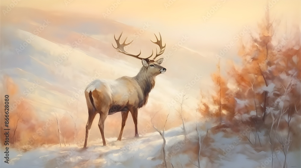 Obraz premium A painting of a deer standing on a snow covered hill