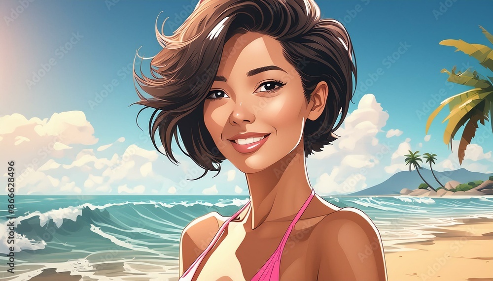 woman with short hair and pink bikini on the beach, cartoon style woman with short hair and pink bikini on the beach, cartoon style