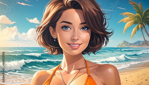 woman with short hair and orange bikini on the beach, cartoon style photo