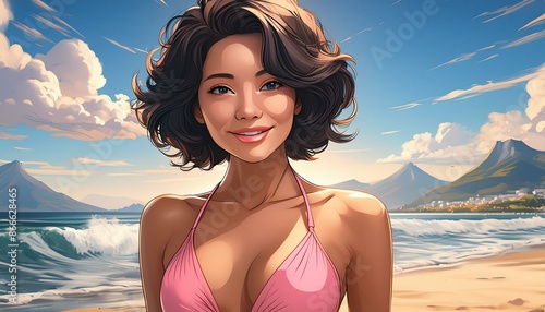 woman with short hair and pink bikini on the beach, cartoon style photo