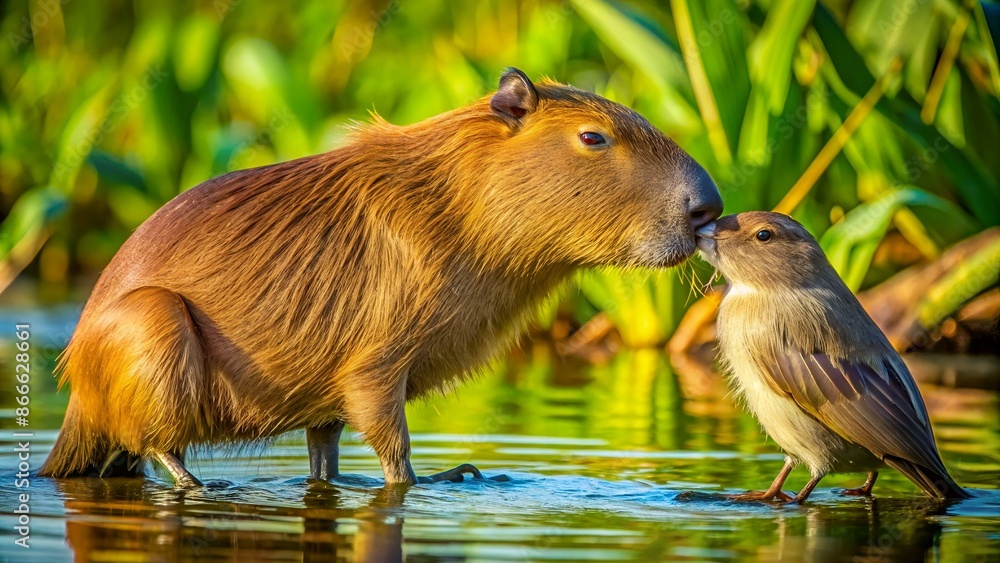 Ein Kuhstärling betreibt Fellpflege bei einem Wasserschwein im Pantanal Ein Kuhstärling betreibt Fellpflege bei einem Wasserschwein im Pantanal
