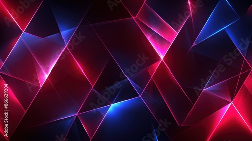 Abstract geometric background featuring vibrant red and blue glowing triangular shapes with a futuristic design.