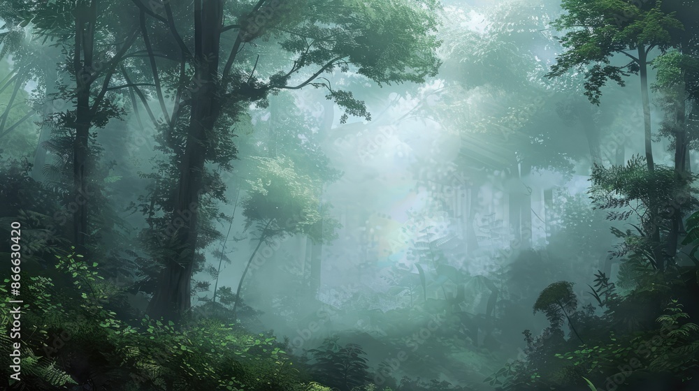 Foggy forest scene: Lush greenery veiled in mist on a serene day, evoking a sense of mystery and tranquility in the woods Foggy forest scene: Lush greenery veiled in mist on a serene day, evoking a sense of mystery and tranquility in the woods