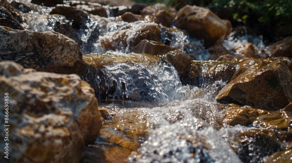 A stream of water flowing over rocks, capturing the dynamic movement and fluidity of liquid. A stream of water flowing over rocks, capturing the dynamic movement and fluidity of liquid.