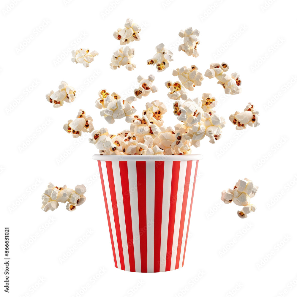 A red and white striped bucket overflowing with fluffy popcorn. Perfect for movie nights, parties, and snack time. A red and white striped bucket overflowing with fluffy popcorn. Perfect for movie nights, parties, and snack time.