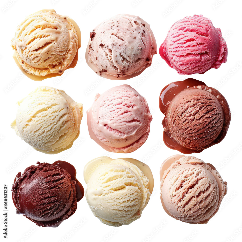 Assorted ice cream scoops of different flavors, arranged in a grid pattern, offering a visual delight of creamy, colorful, and tasty dessert treats. Assorted ice cream scoops of different flavors, arranged in a grid pattern, offering a visual delight of creamy, colorful, and tasty dessert treats.