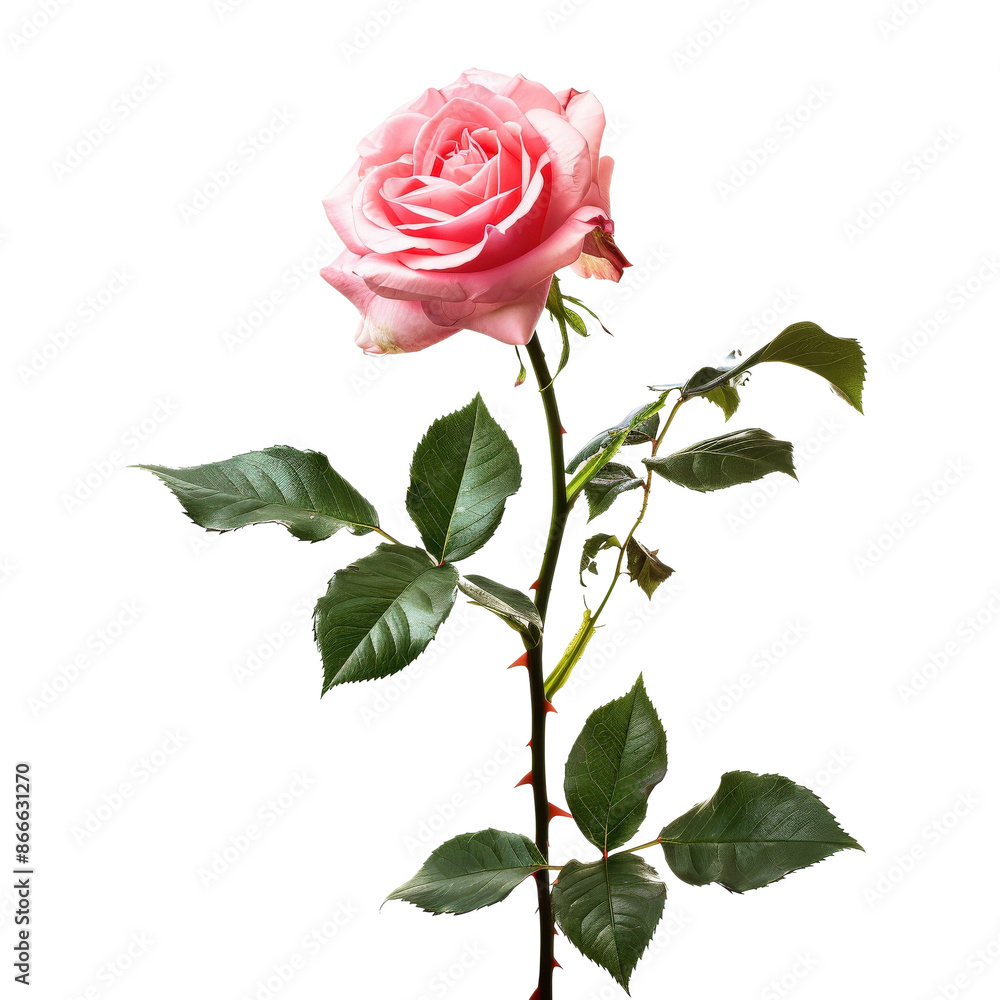 Beautiful single pink rose with vibrant green leaves, isolated on a light background, perfect for romantic occasions and floral designs. Beautiful single pink rose with vibrant green leaves, isolated on a light background, perfect for romantic occasions and floral designs.