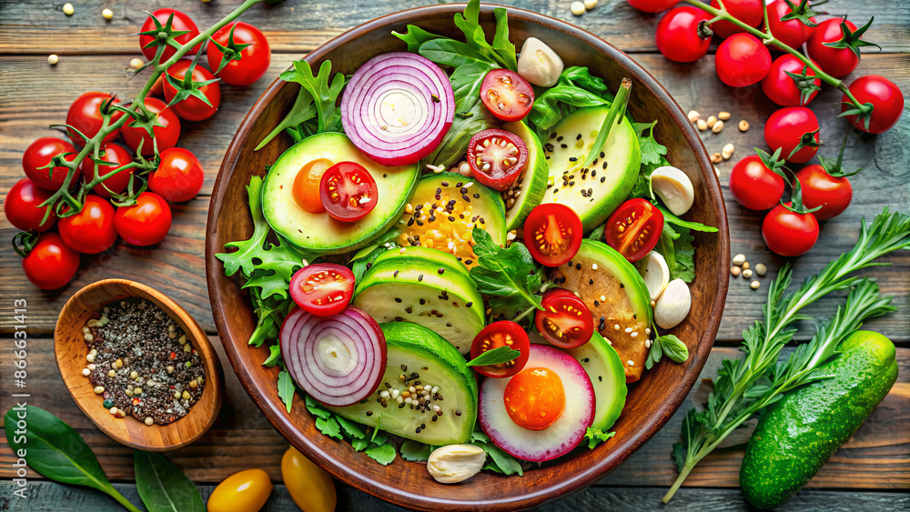 A vibrant, healthy salad featuring avocado, tomato, red onion, herbs, and seeds, served in a wooden bowl A vibrant, healthy salad featuring avocado, tomato, red onion, herbs, and seeds, served in a wooden bowl