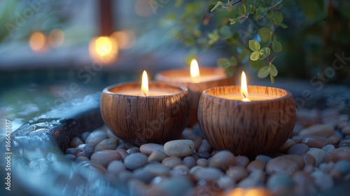 Three burning candles in coconut shells on pebbles, creating a relaxing and spiritual ambiance. Concept of peace, meditation, aromatherapy, and spa