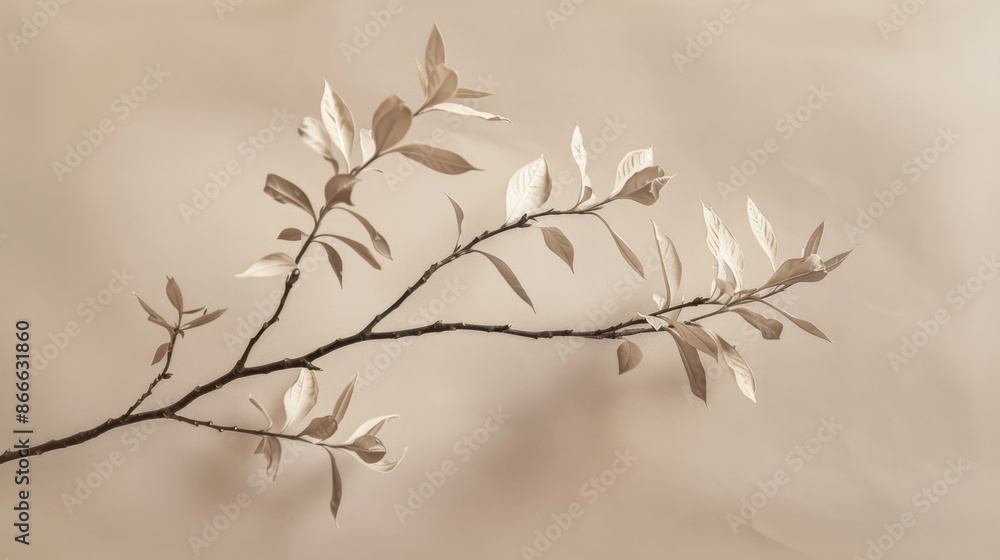 A single branch with delicate leaves, showcasing the graceful forms and intricate details of nature. A single branch with delicate leaves, showcasing the graceful forms and intricate details of nature.