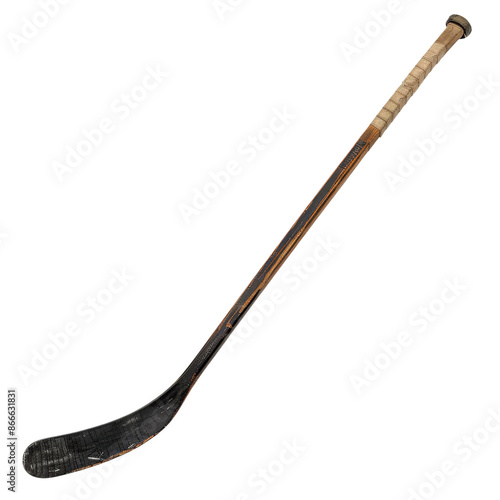 Close-up image of a worn hockey stick isolated on a white background, perfect for sports-related designs and advertisements.