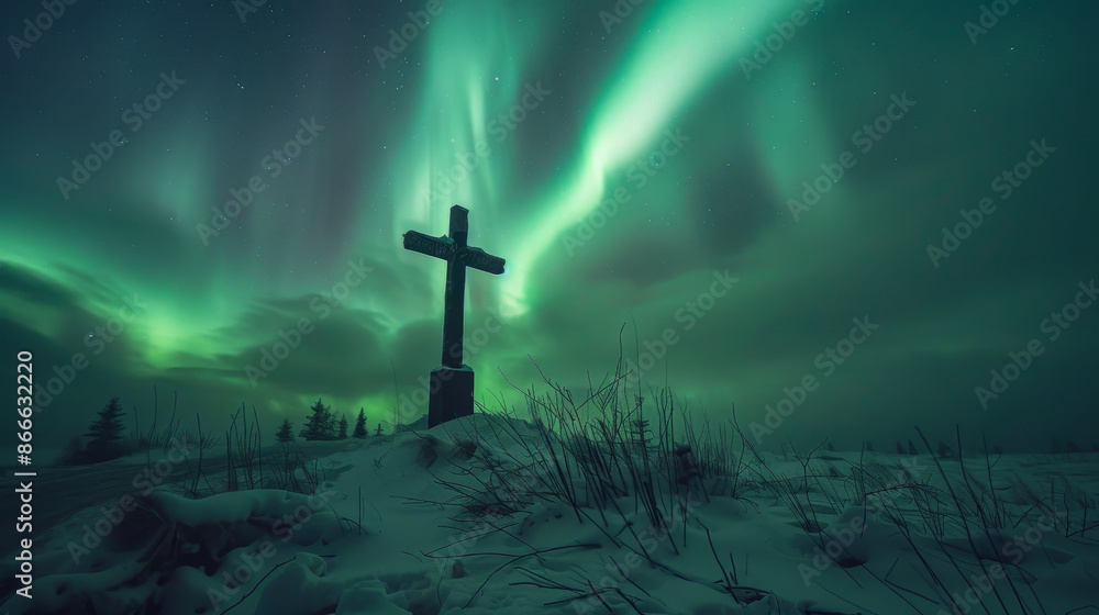 Naklejka premium Wooden cross standing on a snowy mountain with the aurora borealis illuminating a green sky