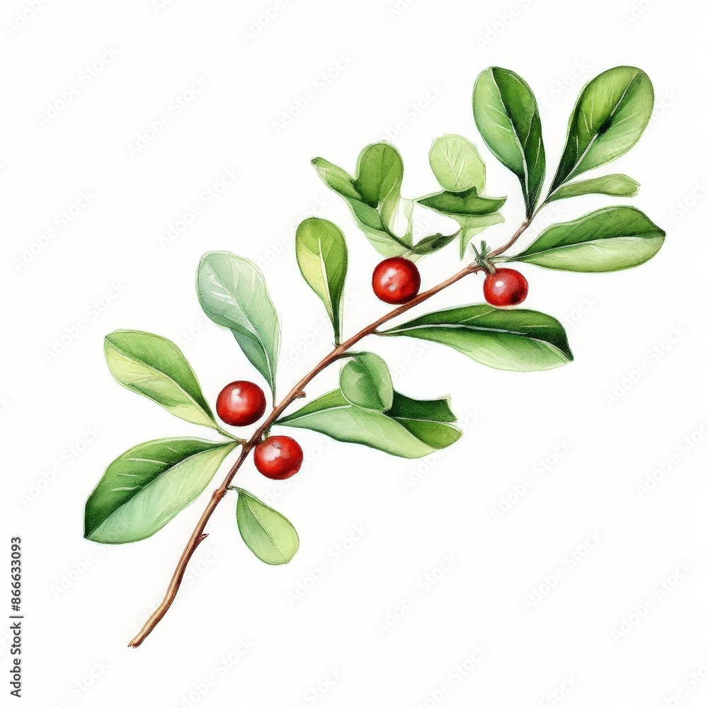 Watercolor Painting of a Branch with Green Leaves and Red Berries. Watercolor Painting of a Branch with Green Leaves and Red Berries.