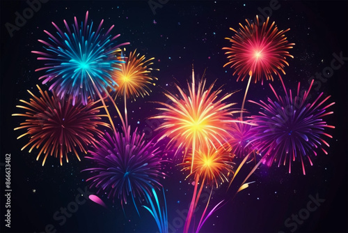 Futuristic Fireworks in Vibrant Neon Colors Against Starry Night Sky