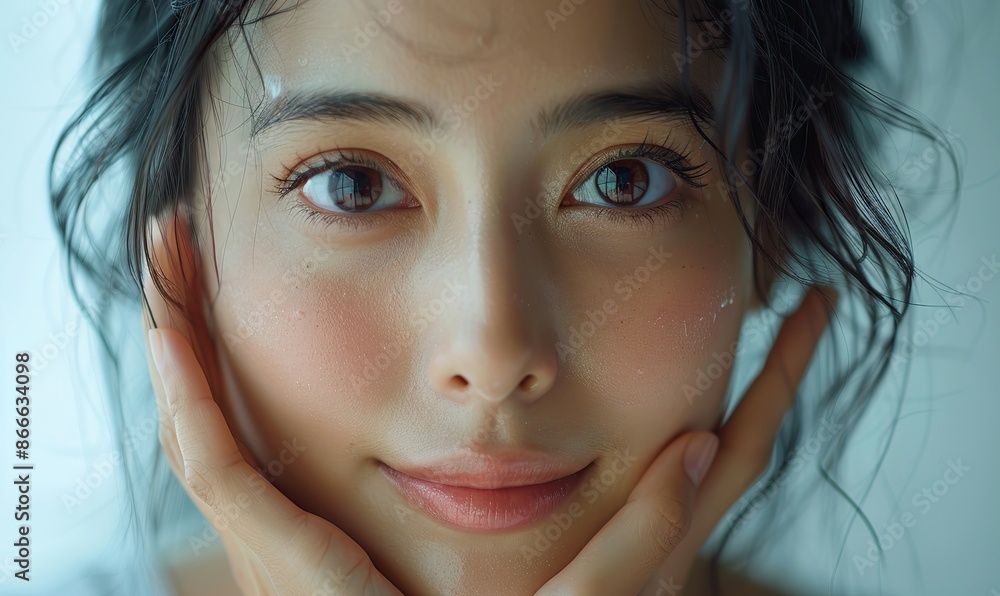 Close-up of a young, beautiful Asian woman gently massaging her face with fingertips, perfect for beauty cream commercial advertising. Close-up of a young, beautiful Asian woman gently massaging her face with fingertips, perfect for beauty cream commercial advertising.
