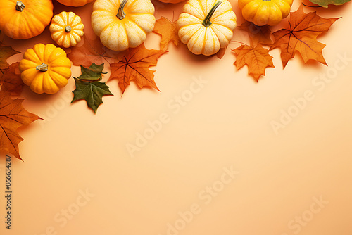 autumn background with small pumpkins and yellow dry leaves. copy space, top view