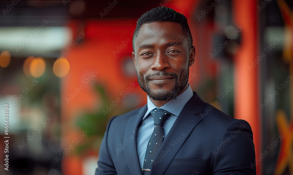 Fototapeta premium Confident African businessman, exuding professionalism and charisma, stands against a vibrant red backdrop, dressed in a sharp navy suit.