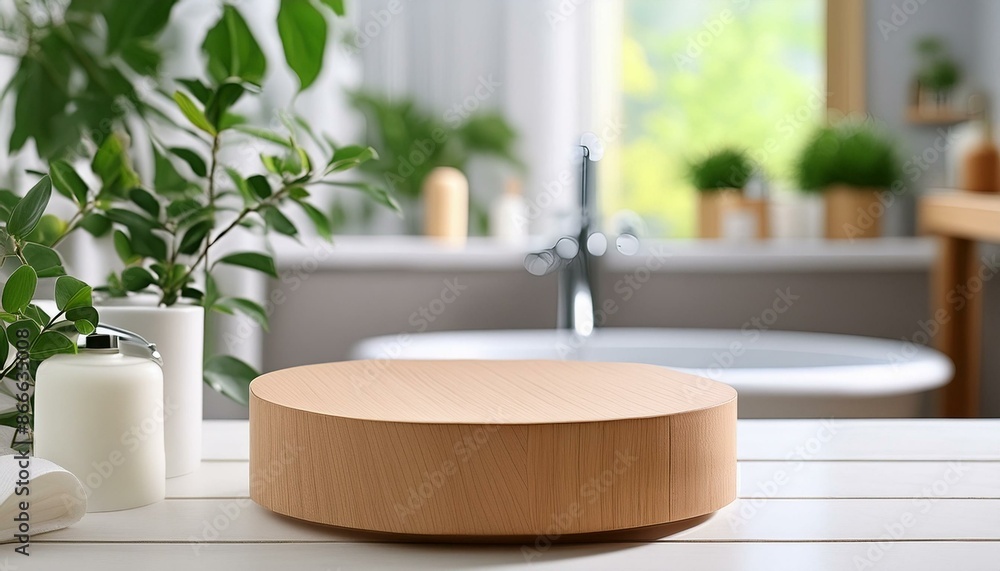 Fototapeta premium round wooden display podium on blurred bathroom background lifestyle photo