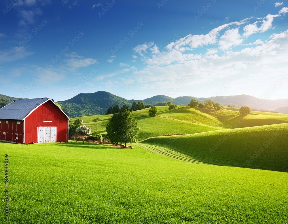 Obraz premium Rural landscape with a farm on field. Beautiful nature with sunny green hills, red old barn and blue sky. Country background for card, banner, poster