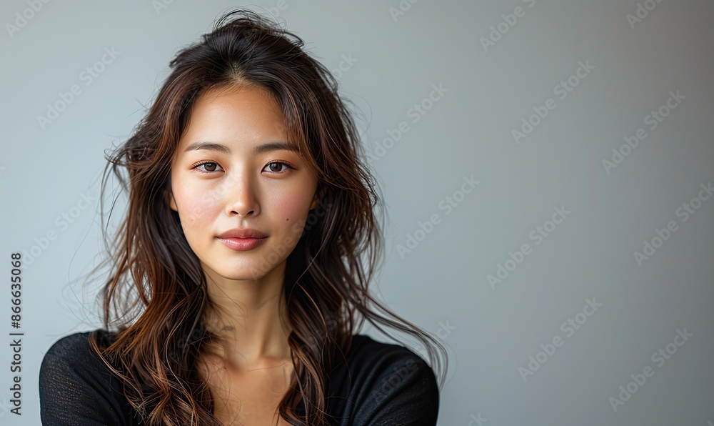 Fototapeta premium Korean woman in a studio with crossed arms, confident and elegant corporate worker pose with serious expression.