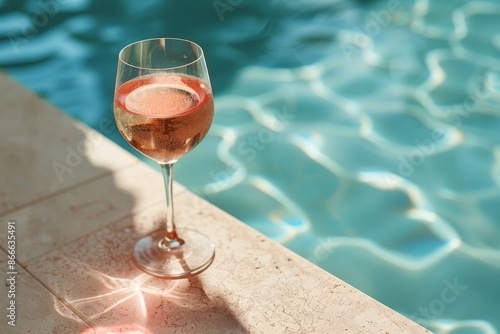 A Glass of Rose Wine by the Pool on a Sunny Day
