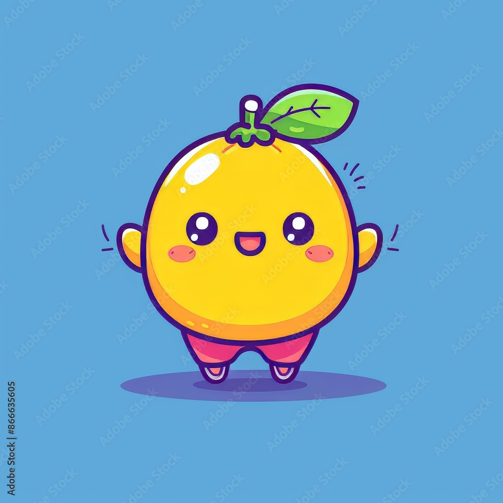 Fototapeta premium This delightful cartoon lemon character exudes happiness with a big smile, rosy cheeks, red sneakers, and a green leaf. It stands out on a vibrant blue background, radiating positivity and freshness