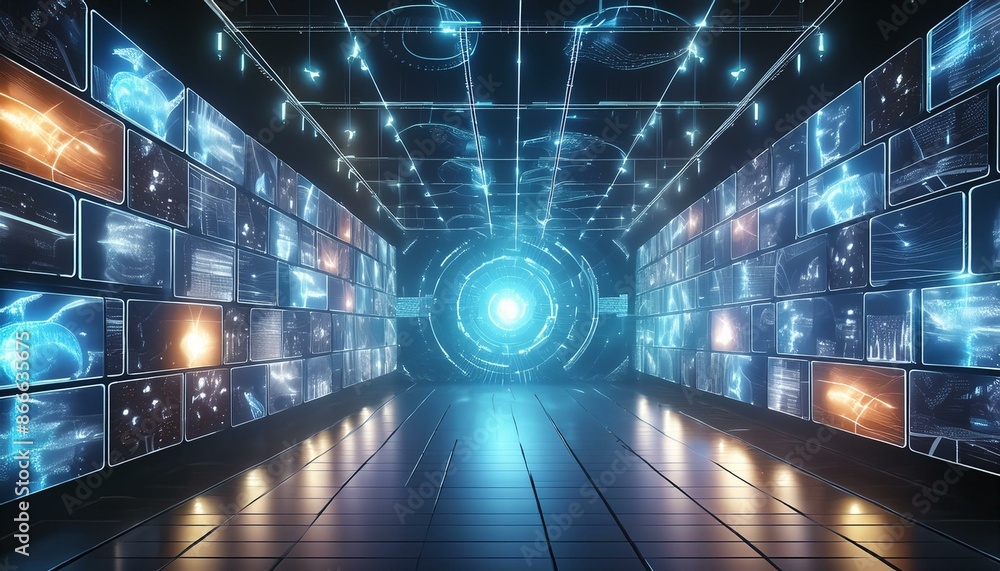 Obraz premium wall of glowing media screens displaying futuristic content conceptual 3d illustration