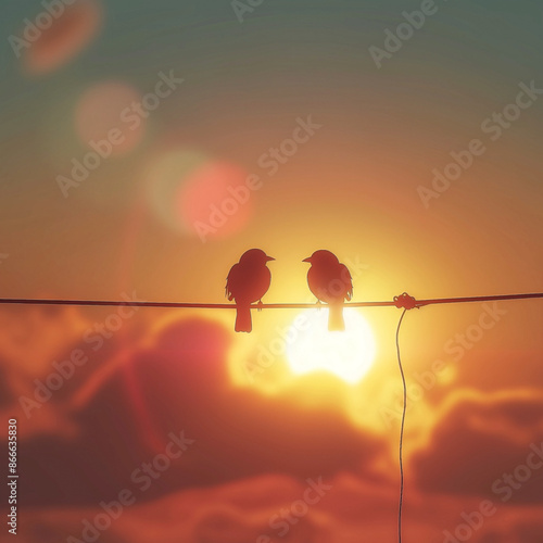 Two birds sitting on a wire with orange sky at sunset in the background, Birds in love and romance photo