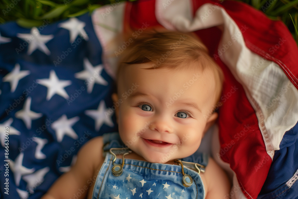 Smiling Baby Lying on American Flag Smiling Baby Lying on American Flag