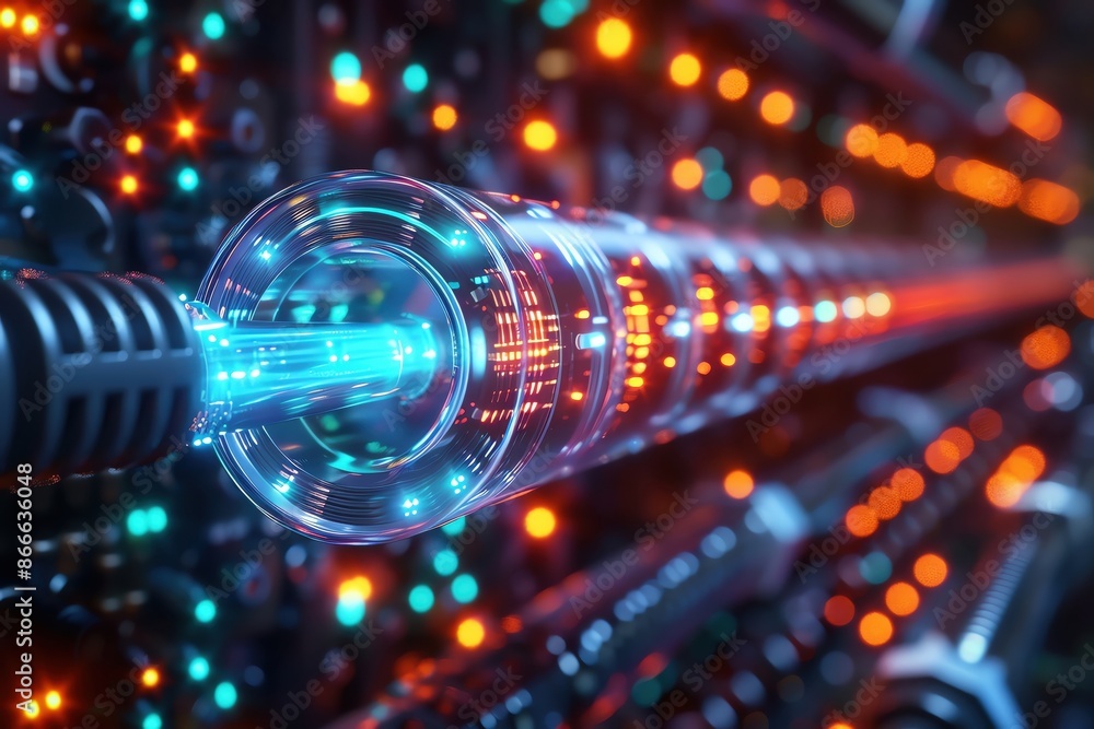 Abstract futuristic technology with glowing blue light traveling through a network of wires. Abstract futuristic technology with glowing blue light traveling through a network of wires.