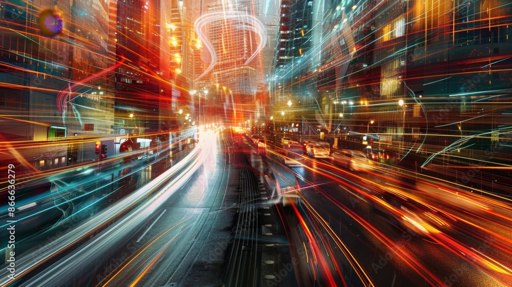 A series of lines representing the flow of traffic in a city, creating a dynamic and abstract composition. A series of lines representing the flow of traffic in a city, creating a dynamic and abstract composition.