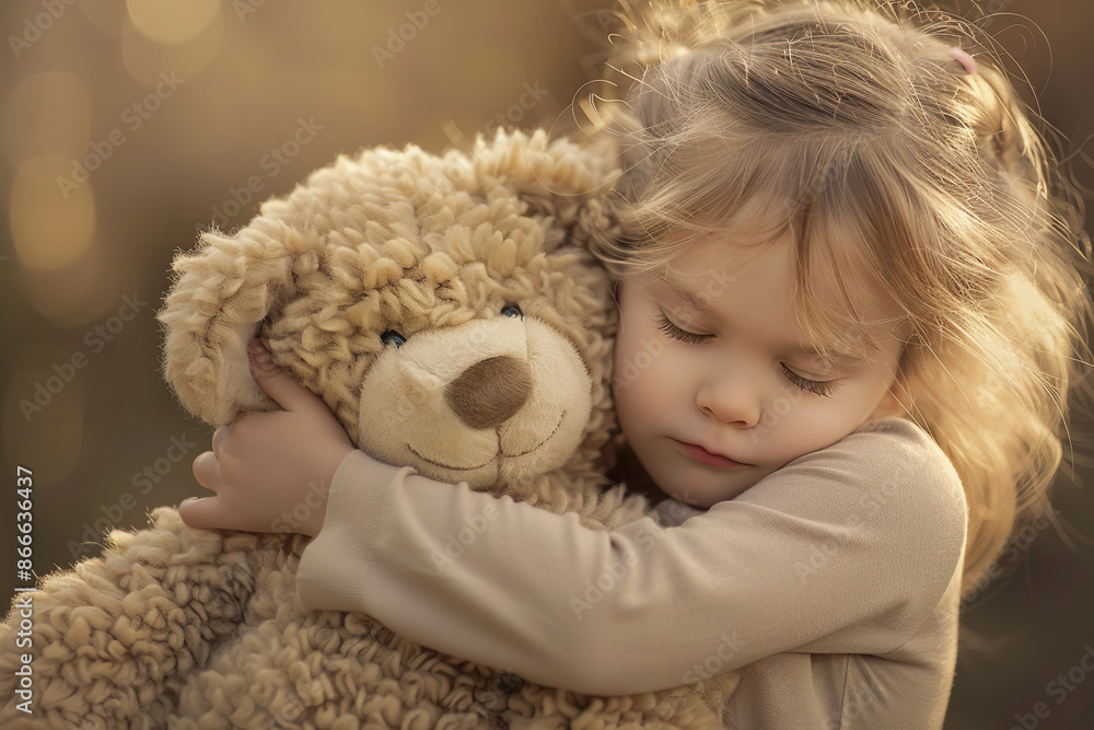 A heartwarming scene depicts a girl embracing a teddy bear affectionately A heartwarming scene depicts a girl embracing a teddy bear affectionately