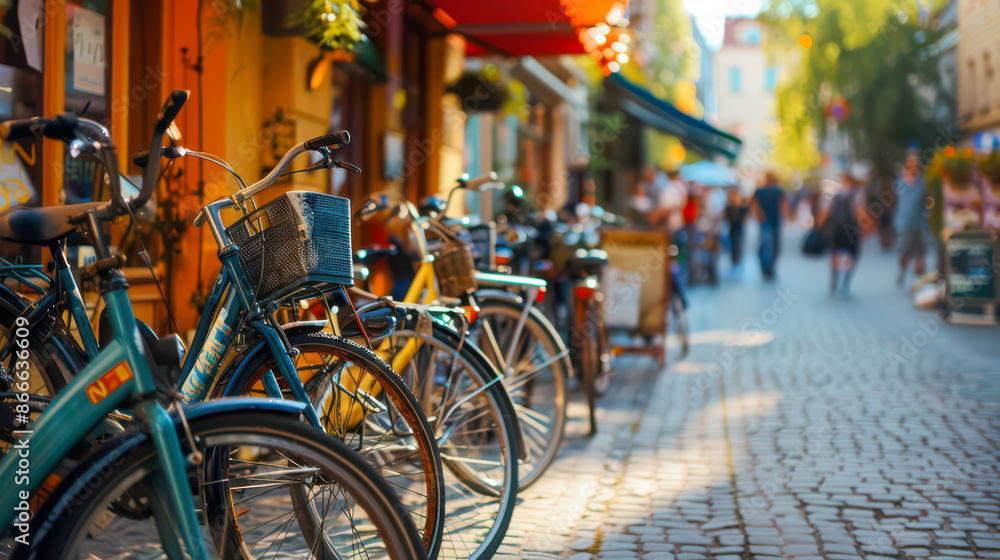 A street in a bustling city with several bicycles parked on the sidewalk. In the background you can see a cafe, shops and people passing by. The colors are warm and friendly, creating an atmosphere of A street in a bustling city with several bicycles parked on the sidewalk. In the background you can see a cafe, shops and people passing by. The colors are warm and friendly, creating an atmosphere of