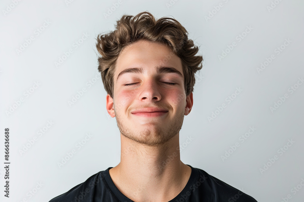 A man with a relaxed smile and closed eyes, completely isolated from the environment, set against a plain white background A man with a relaxed smile and closed eyes, completely isolated from the environment, set against a plain white background