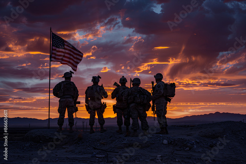 Silhouetted Soldiers Standing with American Flag at Sunset