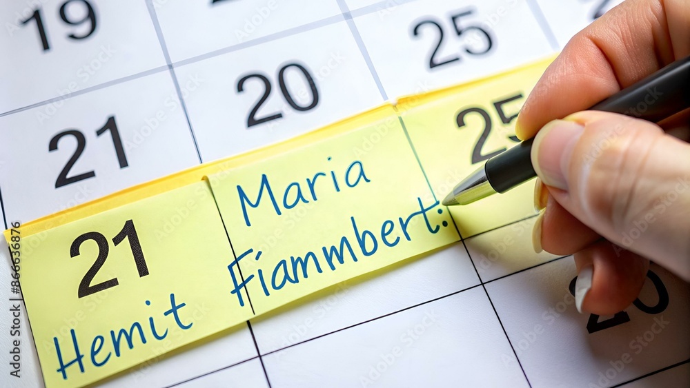 Hand schreibt Kalenderblatt für Mariä Himmelfahrt 2019 auf Sticky Notes Hand schreibt Kalenderblatt für Mariä Himmelfahrt 2019 auf Sticky Notes