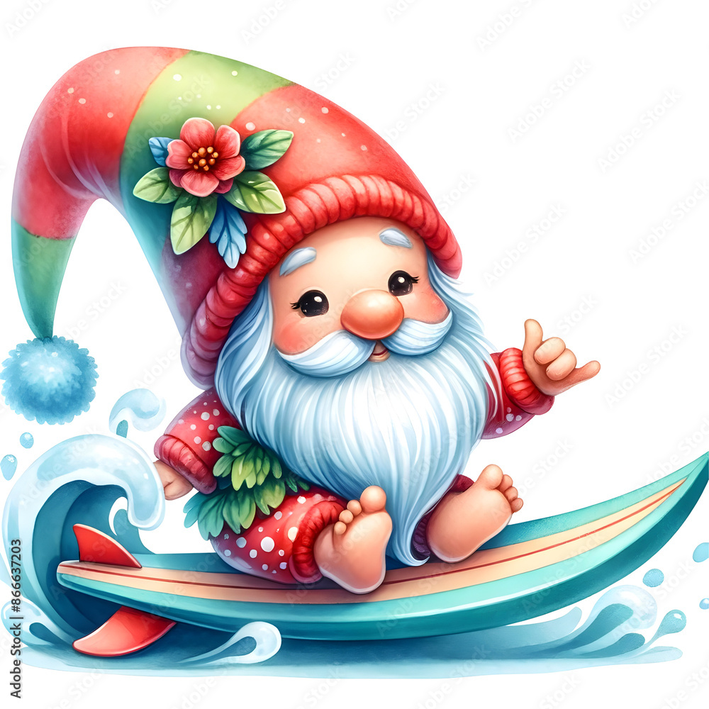 Surfing Gnome on Colorful Surfboard Surfing Gnome on Colorful Surfboard