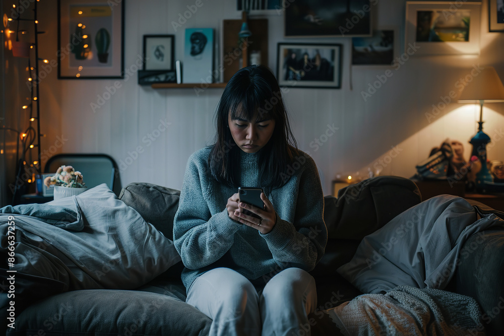 A woman sits on a couch, tears streaming down her face as she looks at her phone. Her expression is filled with sadness and emotion
